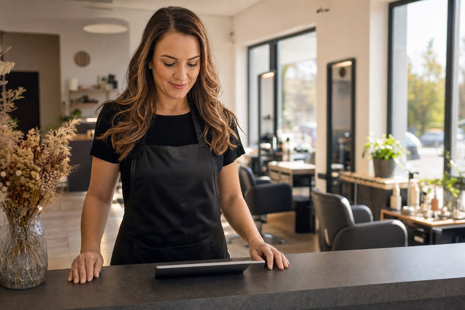 Fodrász a szalon recepciójánál tableten nézi a vendég ügyfélkártyáját