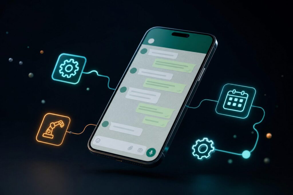 WhatsApp Business automatizálás — okostelefon chat felülettel és automatizált foglalási ikonokkal