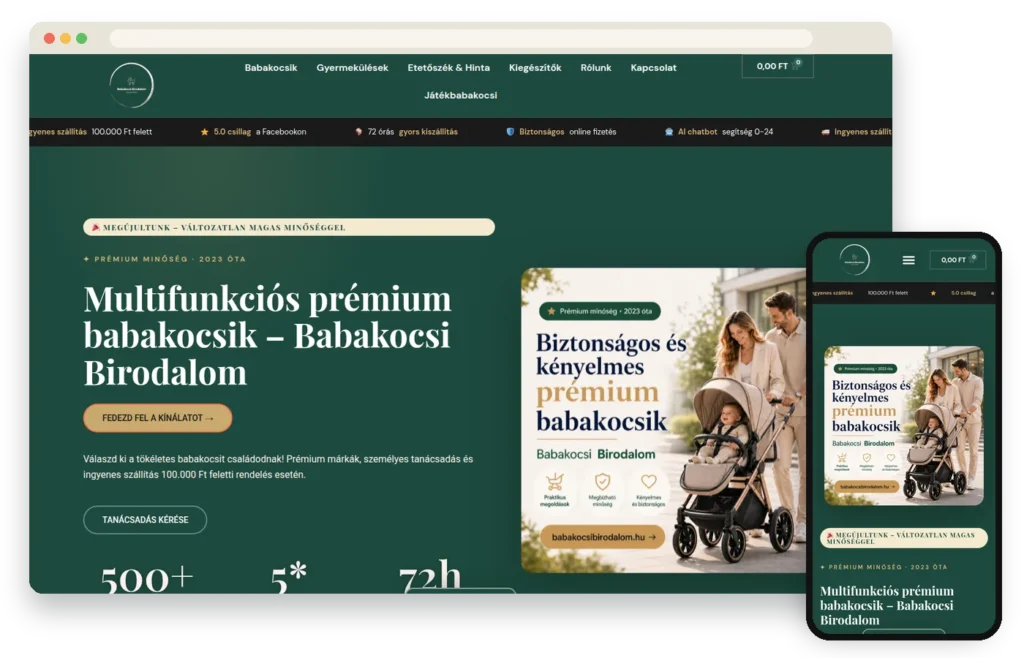 Weboldal készítés referencia: babakocsibirodalom.hu webshop asztali és mobil nézetben