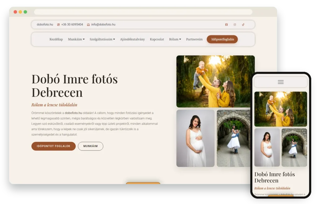 Weboldal készítés referencia: dobofoto.hu fotós weboldal időpontfoglalással, asztali és mobil nézetben