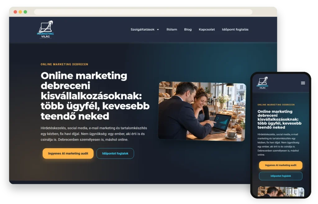 Weboldal készítés referencia: marketingvilag.hu marketing weboldal asztali és mobil nézetben