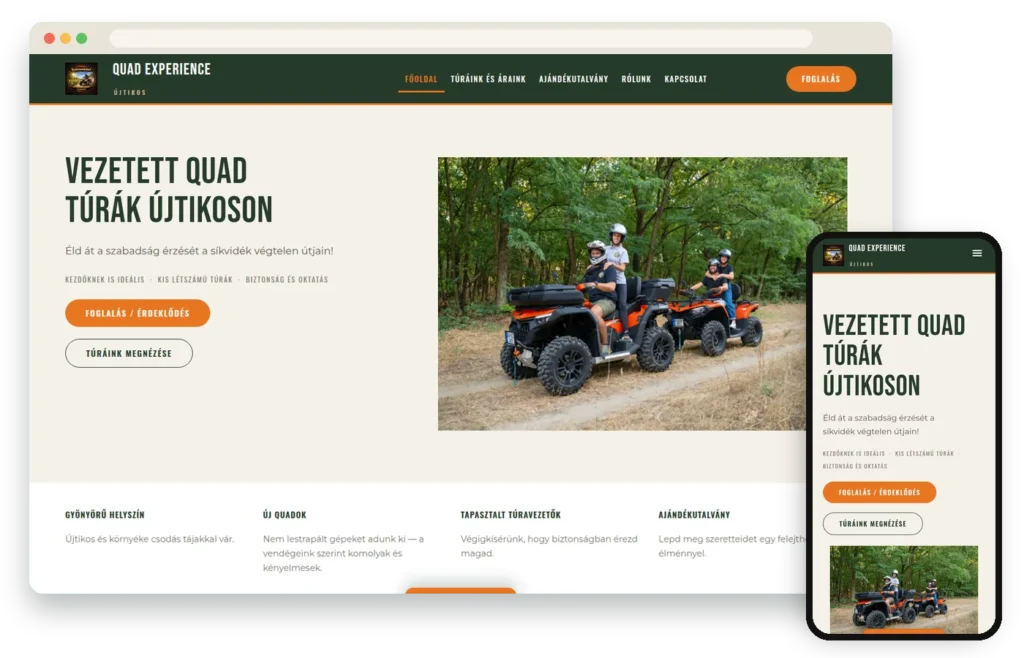Weboldal készítés referencia: quadon.hu quadtúra-weboldal online foglalással, asztali és mobil nézetben